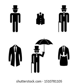 Set of gentleman stick figures, black mans silhouettes on a white background. Icons people, vector illustration.