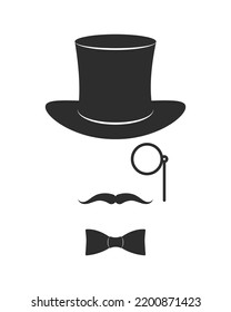 Set of gentleman victorian era silhouette set. Top hat, monocle, mustache, bow tie.