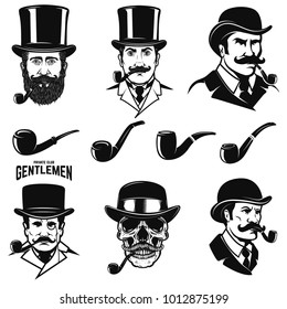 Set of gentleman's head with smoking pipes. Design elements for logo, label, emblem, sign. Vector illustration