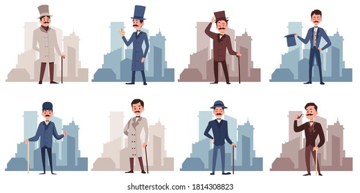 Set of gentlemen cartoon characters dressed in 19th century fashion, flat vector illustration isolated on white background. Victorian times men old fashioned personages.