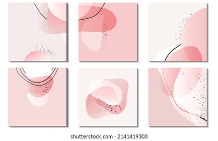Set of gently pink square backgrounds with abstract shapes for text placement, discounts, promotions, etc. Vector smooth black lines, shadows, blurry spots. Eps 10.