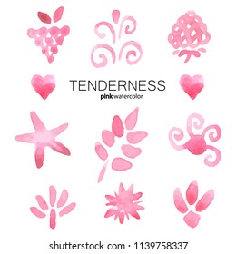 Set of gently pink symbols. Nature, flowers, leaves, scribbles. Watercolor, vector.