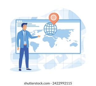 Set Geo location Concept. Tiny Male Searching Route and Looking on Map Online in Web Positioning.  flat vector modern illustration 