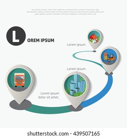 Conjunto de punteros de ubicación geográfica. Línea de tiempo de infografía de iconos urbanos.