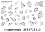 Set of geographic contour map elements with wavy geometric texture. Topographic map. Vector elevation lines with terrain patterns.