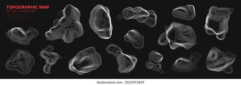 Conjunto de elementos geográficos do mapa de contorno com textura geométrica ondulada. Mapa topográfico. Linhas de elevação vetorial com padrões de terreno.