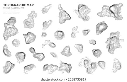 Set of geographic contour map elements with wavy geometric texture. Topographic map. Vector elevation lines with terrain patterns.