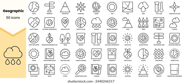 Set of geographic icons. Simple line art style icons pack. Vector illustration