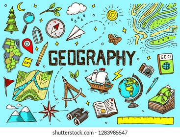 Set of geography symbols. Equipments for web banners. Vintage outline sketch for web banners. Doodle style. Education concept. Back to school background. Hand drawn style.