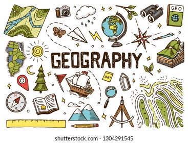 Set of geography symbols. Equipments for web banners. Vintage outline sketch for web banners. Doodle style. Education concept. Back to school background. Hand drawn style.