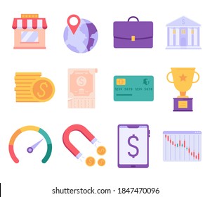 Set with geolocation, coins, bank, chart, analysis, sales, magnet. Concept of banking service, investments, making money, business, income, additional earnings. Vector illustration in flat design