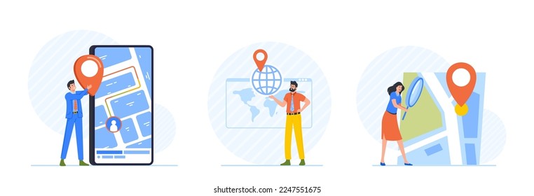 Set Geolocation Concept with Tiny Male and Female Characters Searching Route and Looking on Map Online in Smartphone Application, Web Positioning Concept. Cartoon People Vector Illustration