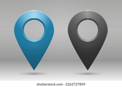 A set of geolocation icons in blue and gray on a gradient background. Realistic geolocation map pin code icons. Vector illustration.