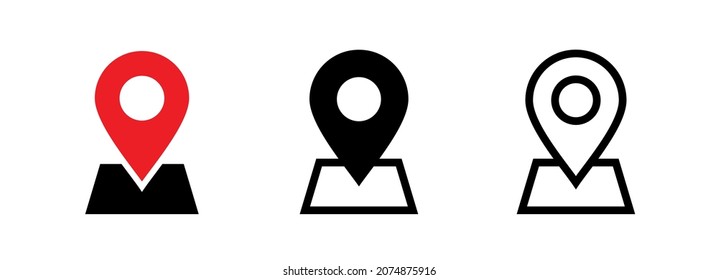 
A set of geolocation map labels, marker. Map pointer icon. Address designation. GPS location symbol. Pin point sign. Vector pictogram.