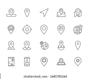 Set of geolocation Related Vector Line Icons. Includes such Icons as placemark, navigator, route, location, geodata, map and more.