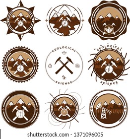 Conjunto de emblemas geológicos y logotipos en estilo monocromo