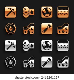 Set Geological fault, Soil ground layers, Ground, Paint brush, analysis, Earth globe, Pickaxe and Barrel icon. Vector