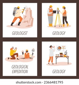 Set of geologist and technical equipment for excavation, research and measurement. Female and male scientist make geological discoveries on vector posters set in brown frame