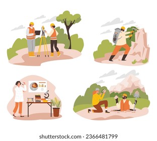 Set of geologist and technical equipment for excavation, research and measurement. Female and male scientist make geological discoveries. Nature landscape, laboratory isolated vector flat illustration