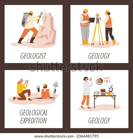 Set of geologist and technical equipment for excavation, research and measurement. Female and male scientist make geological discoveries on vector posters set in brown frame [[stock_photo]] © 
