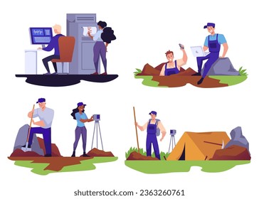 Set of geologists working flat style, vector illustration isolated on white background. People in uniform with shovel and geologist tools, outdoor and laboratory researches, science
