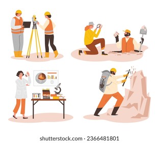 Conjunto de geólogos trabajando estilo plano, ilustración vectorial aislada en fondo blanco. Colección de elementos de diseño decorativos, equipo especial, investigación de rocas, personajes de personas