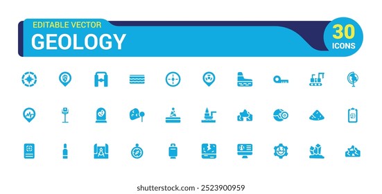 Geologische Symbole. Solides Symbolpaket. Glyphensammlung für Web und UI. Gefüllte Icons Pack, Solid Icon Set. Vektorgrafik.
