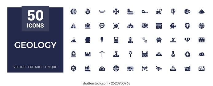 Conjunto de ícones da geologia. Pacote de ícones de estilo sólido. Coleção de glifos para Web e interface do usuário. Pacote de ícones preenchidos, Conjunto de ícones sólidos. Ilustração vetorial.