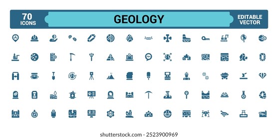 Conjunto de ícones da geologia. Pacote de ícones de estilo sólido. Coleção de glifos para Web e interface do usuário. Pacote de ícones preenchidos, Conjunto de ícones sólidos. Ilustração vetorial.