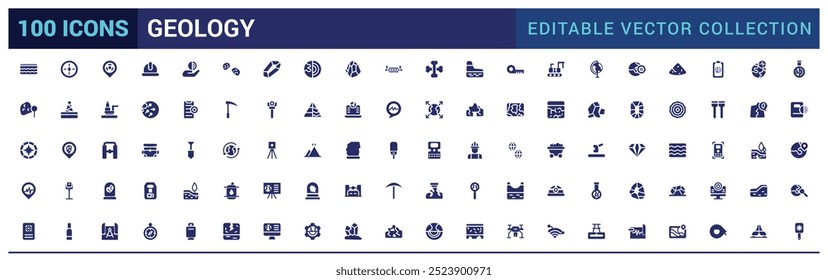 Set of geology icons. Solid style icon bundle. Glyph collection for web and ui. Filled icons pack, Solid icon set. Vector illustration.