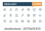 Set of Geology line icons. Contains such icons as geology, ground, layer, stone, technology, theodolite, gold and more. Perfect for logos and infographics. Editable stroke.
