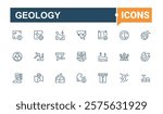 Set of Geology line icons. Contains such icons as geology, ground, layer, stone, technology, theodolite, gold and more. Perfect for logos and infographics. Editable stroke.