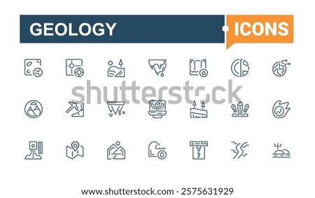 Set of Geology line icons. Contains such icons as geology, ground, layer, stone, technology, theodolite, gold and more. Perfect for logos and infographics. Editable stroke.