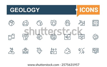 Set of Geology line icons. Contains such icons as geology, ground, layer, stone, technology, theodolite, gold and more. Perfect for logos and infographics. Editable stroke.