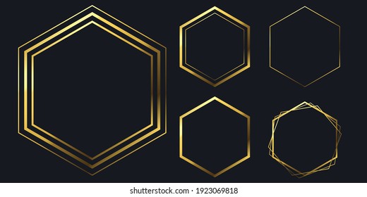 Set Of Geomatrical Borders For Invitation, Wedding, Postcard, Banner.  Golden Hexagon. Vector Illustration. Abstract Frame. Vip