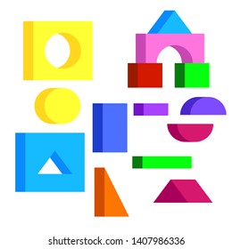 Set of geometric 2D shapes in different colors. A set of toys for children. Figures for the design of the game. Vector illustration isolated on white background.
