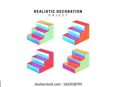 set geometric 3d objects isolated white background  Gradient hologram color shades  Realistic elements  Staircase   steps  ladder vector