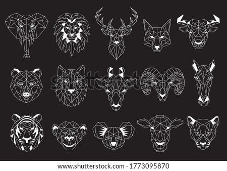 Set of Geometric abstract animals. White animals on black background. Trendy mono line vector design