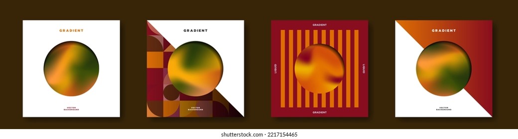 Set of Geometric Abstract Artwork in Orange Monochromatic Colors with liquid orange gradient album cover templates, minimalist layouts with orange and dark gradients. Vector Backgrounds.