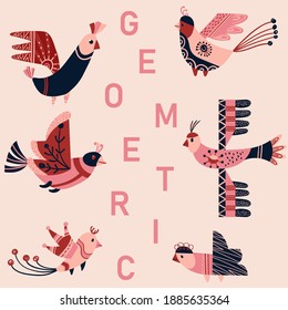 Set of geometric abstract birds for spring, summer  greeting card, wedding card, banner or party invitation.  Pink and Blue ornamental bird for Birthday party. 