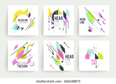 Set of geometric abstract colorful flyers.  Brochure templates. Design elements.  Modern backgrounds,  line art