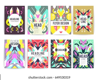 Set of geometric abstract colorful flyers.  Brochure templates. Design elements.  Modern backgrounds,  line art