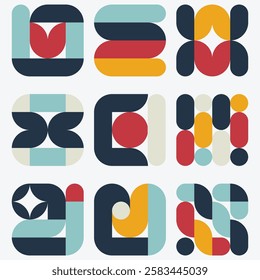 Set of geometric abstract composition featuring a harmonious arrangement of retro-inspired shapes, including circles, arcs, and petal-like forms. Vector illustration