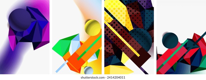 Conjunto de composición abstracta geométrica con esferas y triángulos. Ilustración vectorial para fondo de escritorio, pancarta, fondo, tarjeta, ilustración del libro, página de inicio
