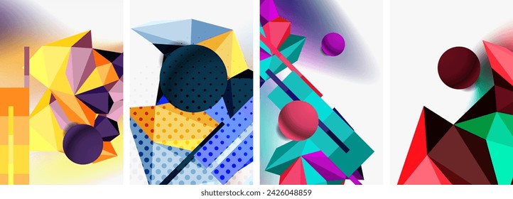 Satz der geometrischen abstrakten Komposition mit Kugeln und Dreiecken. Vektor-Illustration für Tapete, Banner, Hintergrund, Karte, Buch-Illustration, Landing Page