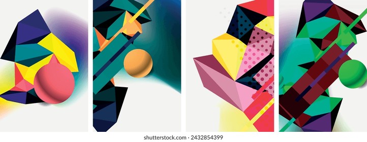 Satz der geometrischen abstrakten Komposition mit Kugeln und Dreiecken. Vektor-Illustration für Tapete, Banner, Hintergrund, Karte, Buch-Illustration, Landing Page