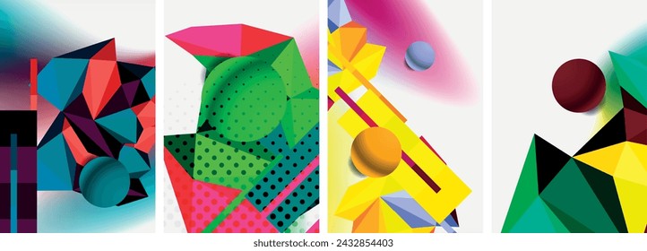 Set of geometric abstract composition with spheres and triangles. Vector illustration For Wallpaper, Banner, Background, Card, Book Illustration, landing page
