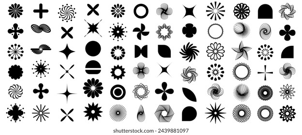 Set of geometric abstract floral shapes, set of vector icons as flowers, stylish retro brutal minimalist art. Simple collection of Memphis y2k elements