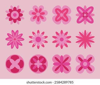 Set of geometric abstract flowers in red and pink tones. Modern stylized floral design for prints, textiles, backgrounds, and digital projects.
