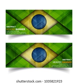 Set of geometric abstract header banners background template with brazil flag colors green, blue and yellow